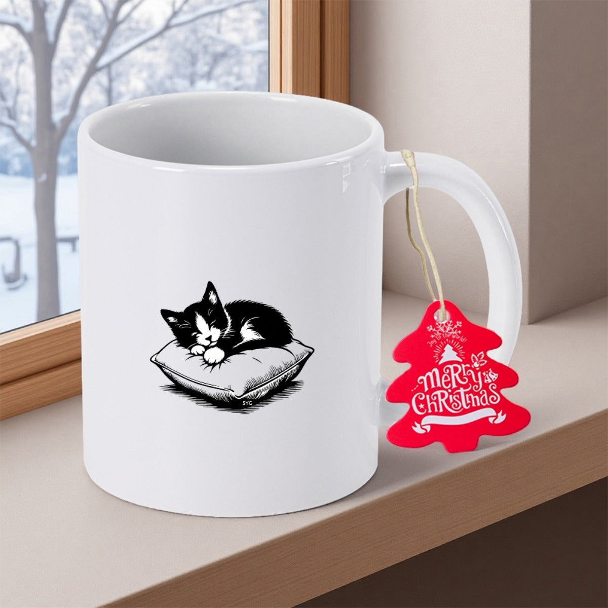 Tailorly White Ceramic 11 oz Mug - Merry Christmas Adorable Tuxedo Feline Sleeping Peacefully On A Soft Cushioned Pillow Cat