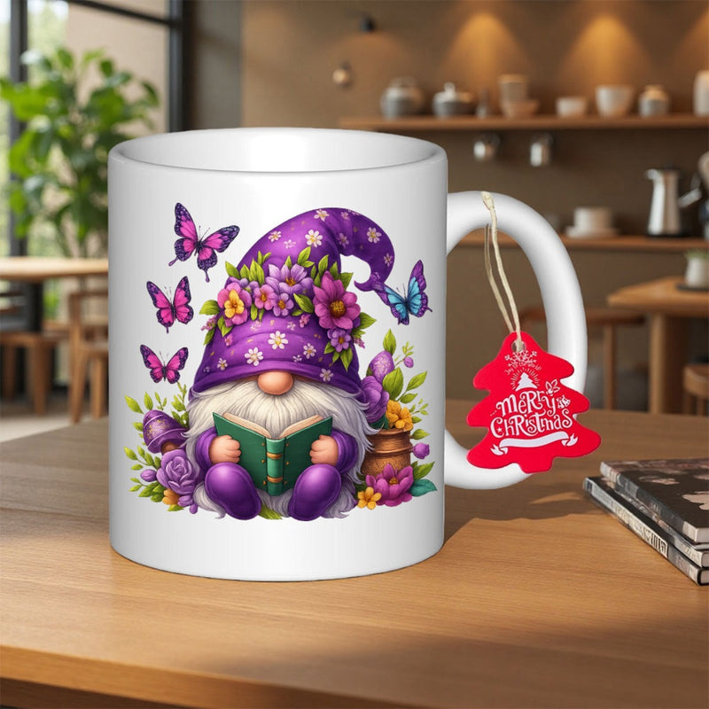Tailorly White Ceramic 11 oz Mug - Merry Christmas Reading A Book Surrounded By Purple Butterflies And Colorful Spring Flowers Gnome