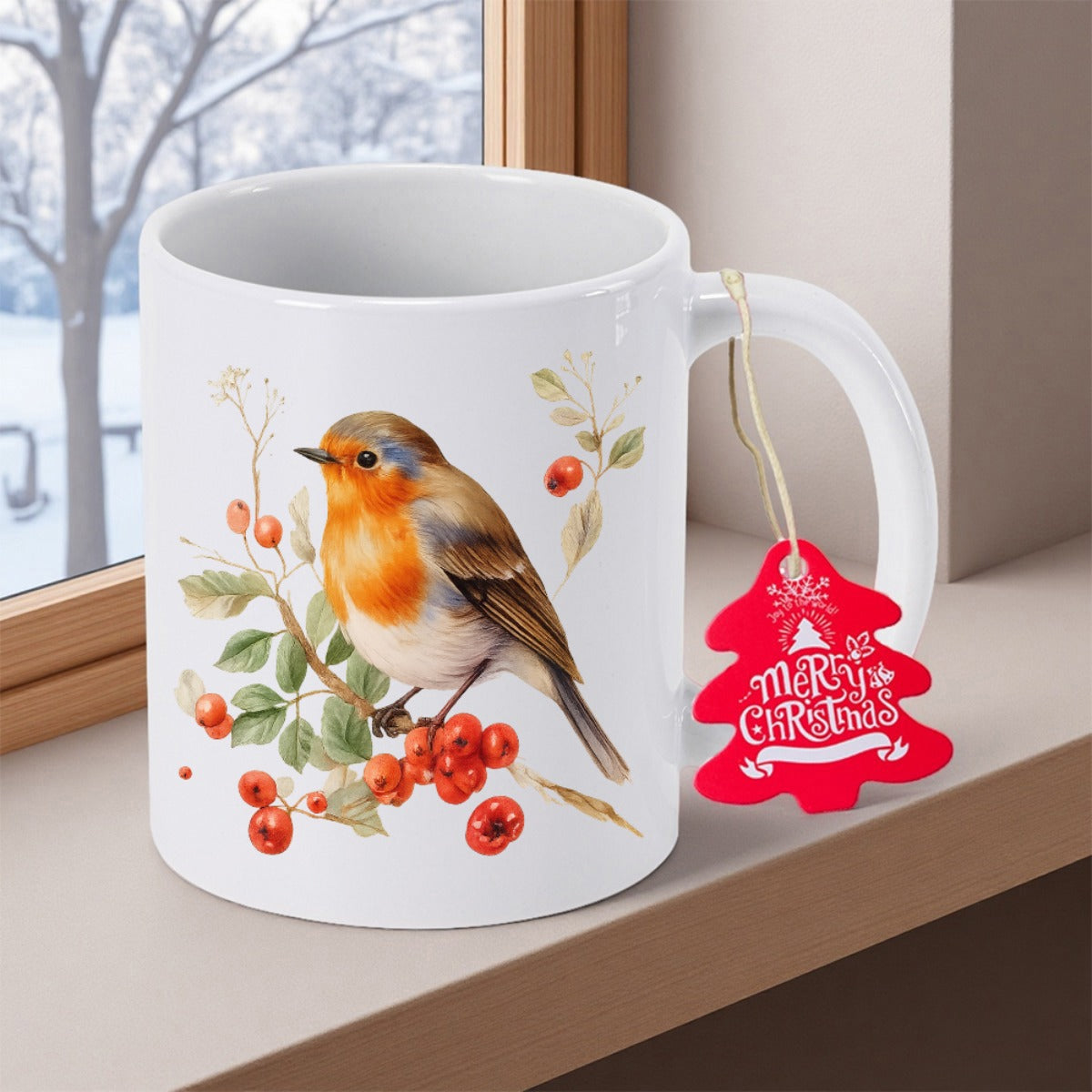 Tailorly White Ceramic 11 oz Mug - Merry Christmas Vibrant Winter Bird Perched On Delicate Branch With Red Berries Robin