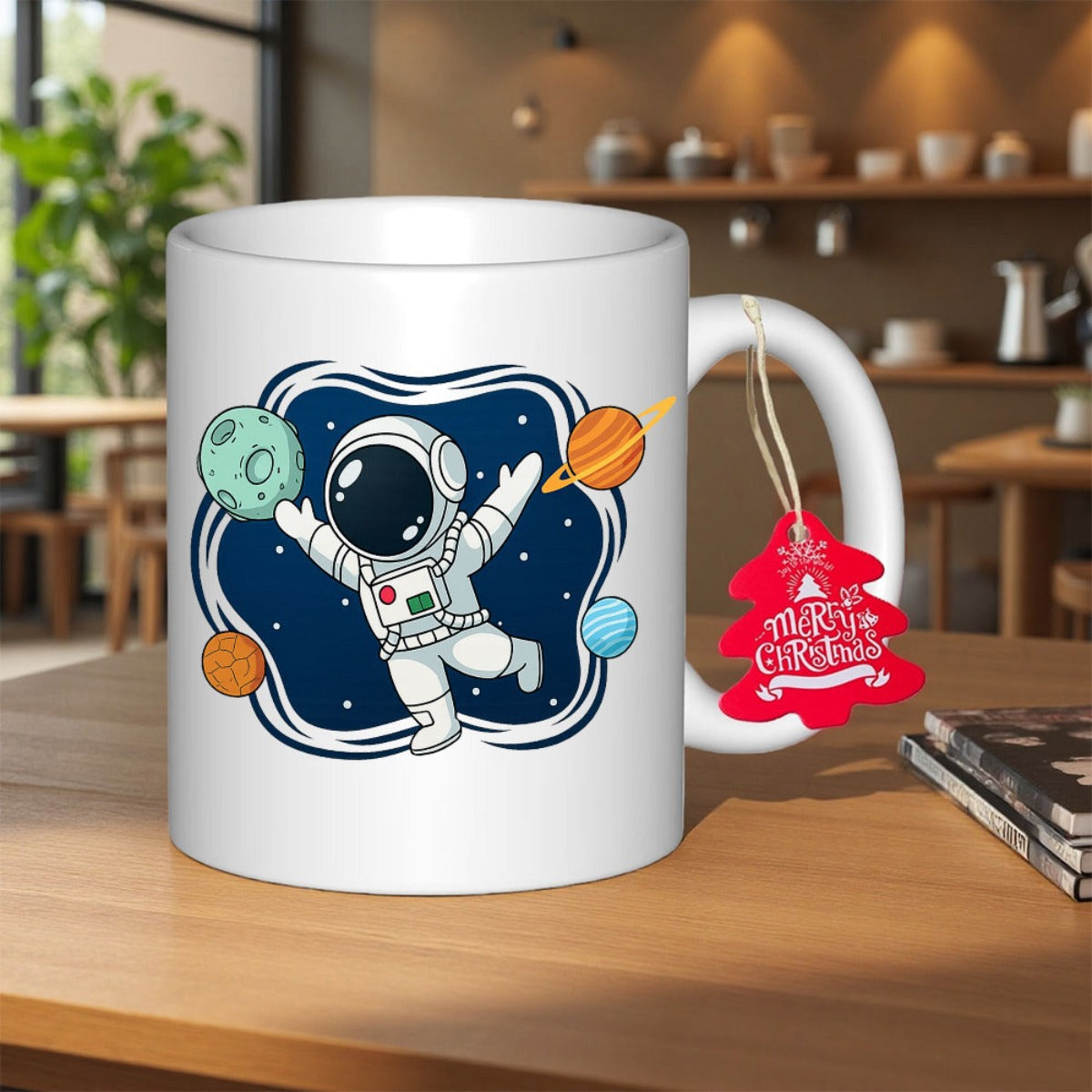 Tailorly White Ceramic 11 oz Mug - Merry Christmas Floating In Deep Blue Space Among Colorful Cosmic Planets Astronaut
