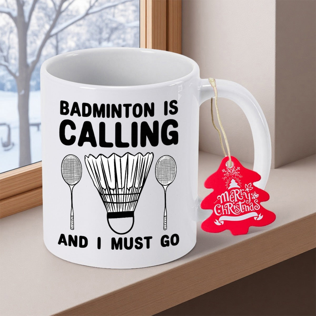 Tailorly White Ceramic 11 oz Mug - Badminton Is Calling And I Must Go Two Rackets Flanking A Central Sporty Birdie Professional Shuttlecock