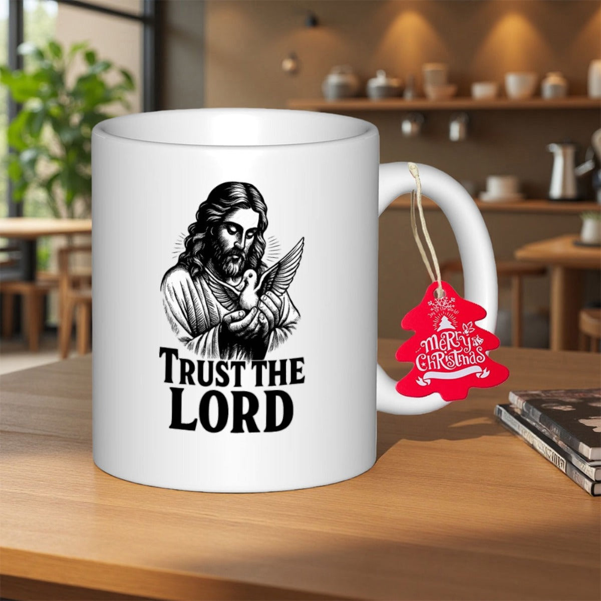 Tailorly White Ceramic 11 oz Mug - Trust The Lord Hand Drawn Illustration Featuring Jesus Holding A Gentle Small Peaceful Lamb Savior