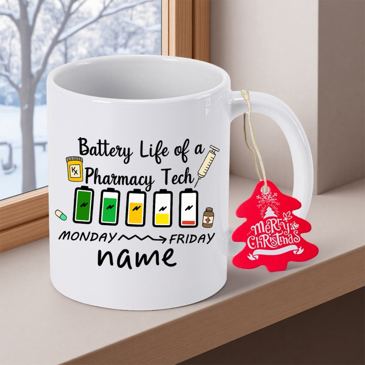 Tailorly White Ceramic 11 oz Mug - Battery Life Of A Pharmacy Tech Monday Friday Hand Drawn Medical Elements Featuring Depleted Battery Gauges And Custom Script