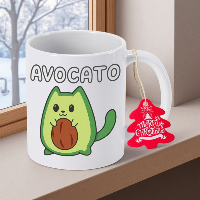 Tailorly White Ceramic 11 oz Mug - Avocato Cute Green Cartoon Character Holding A Large Brown Round Seed Cat