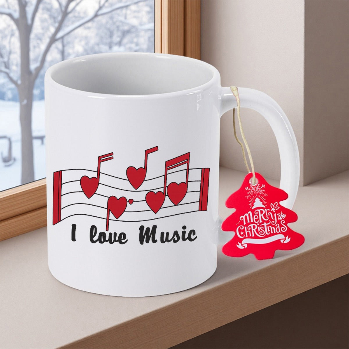 Tailorly White Ceramic 11 oz Mug - I Love Music Musical Staff With Red Heart Shaped Notes Floating Over Lines Mug