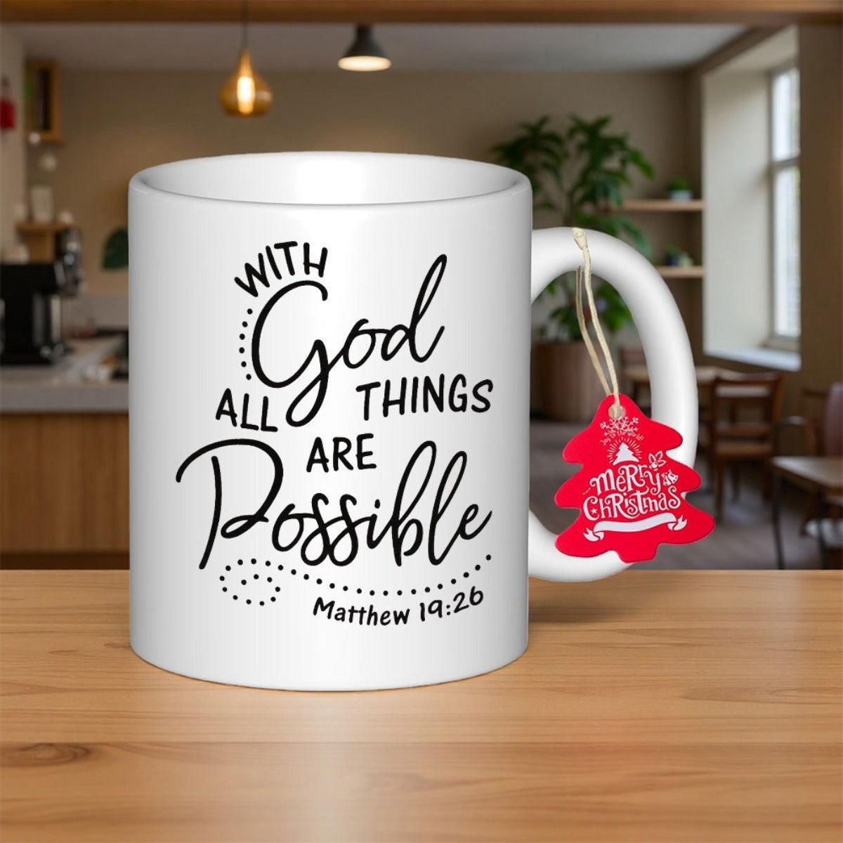 Tailorly White Ceramic 11 oz Mug - With God All Things Are Possible Matthew 19:26 Minimalist Featuring Elegant Black Script And Dotted Accents Mug