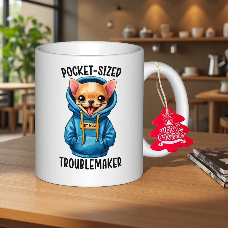 Tailorly White Ceramic 11 oz Mug - Pocket Sized Troublemaker Adorable Cartoon Dog Wearing Blue Hoodie With Paws In Pockets Chihuahua
