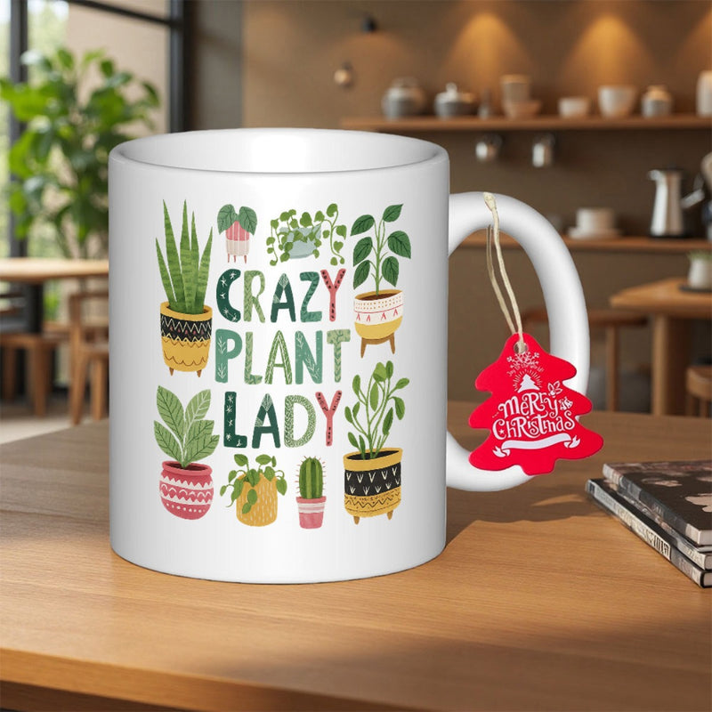 Tailorly White Ceramic 11 oz Mug - Crazy Plant Lady Vibrant Hand Drawn Potted Houseplants Arranged Around Stylized Artistic Plant
