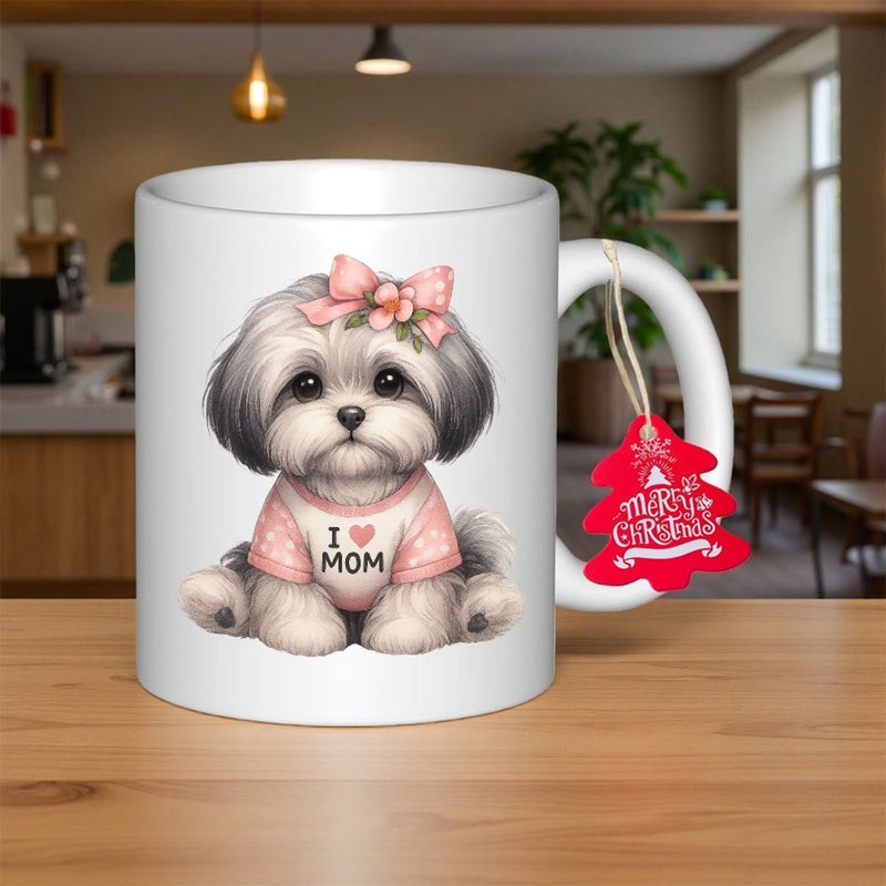 Tailorly White Ceramic 11 oz Mug - I Mom Adorable Fluffy Puppy Wearing Pink Bow And Shirt With Heart Pattern Dog