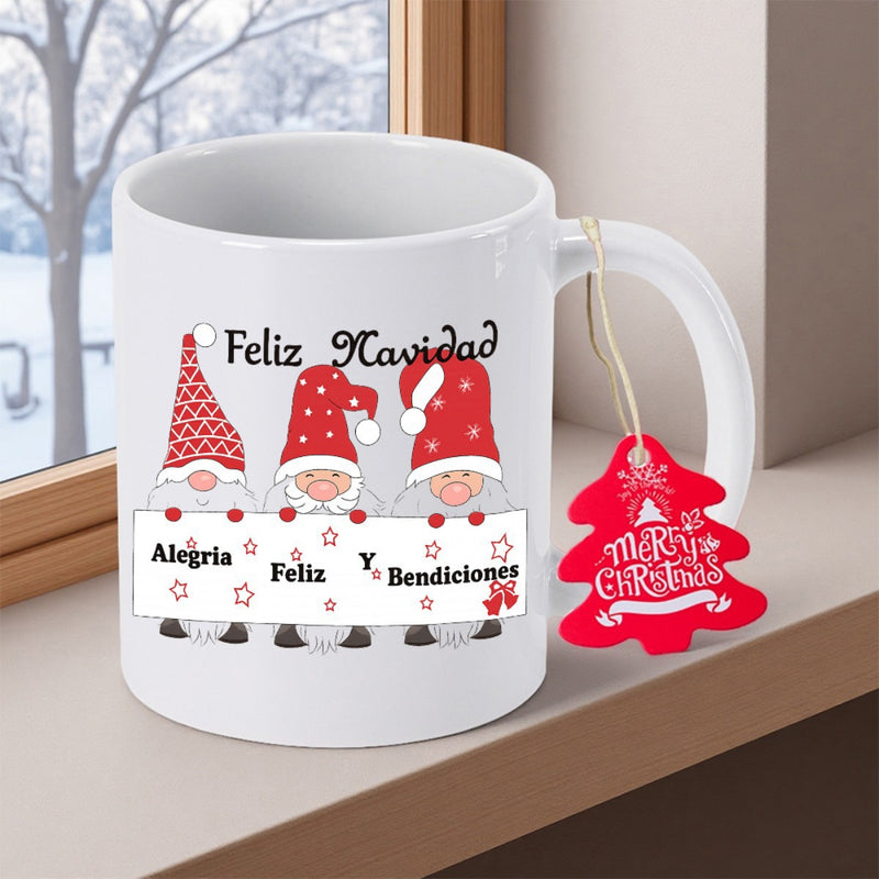 Tailorly White Ceramic 11 oz Mug - Merry Christmas Three Festive Little Gnomes Wearing Red Patterned Hats Holding Banner Gnome