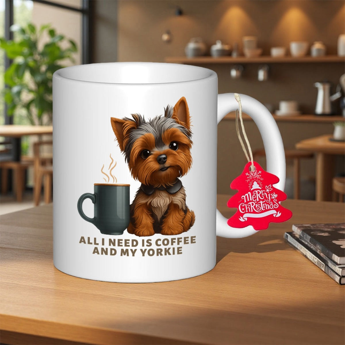 Tailorly White Ceramic 11 oz Mug - All I Need Is Coffee And My Yorkie Adorable Yorkshire Terrier Puppy Sitting Beside A Steaming Hot Coffee Mug Yorkie