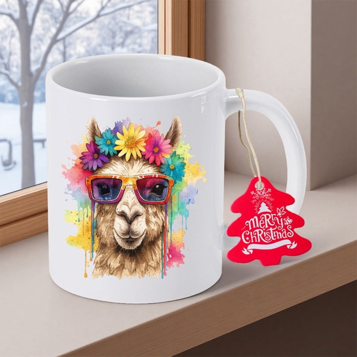 Tailorly White Ceramic 11 oz Mug - Merry Christmas Colorful Watercolor Artistic Style Wearing Rainbow Sunglasses And Floral Crown Llama