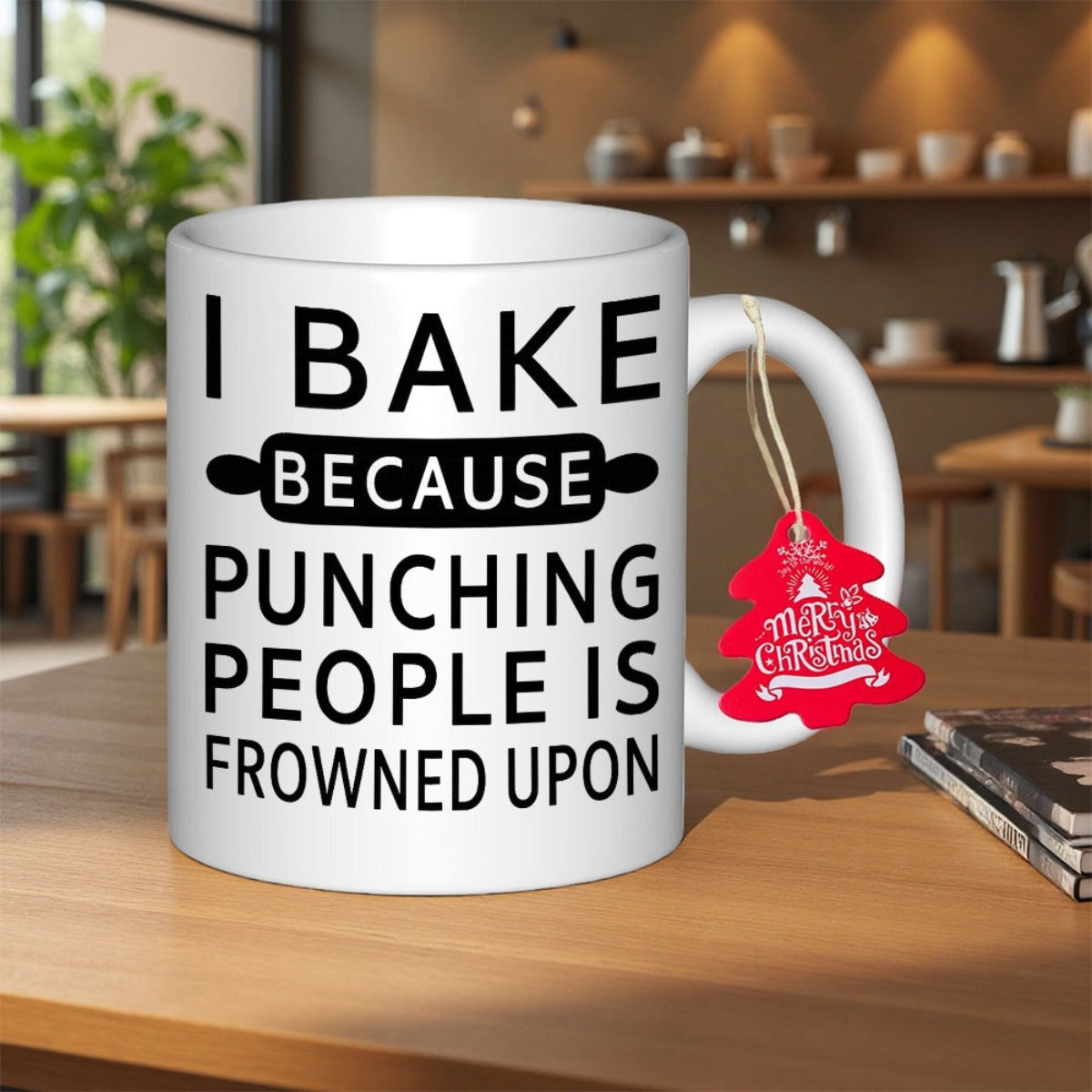 Tailorly White Ceramic 11 oz Mug - I Bake Because Punching People Is Frowned Upon Minimalist Black Text On With Classic Kitchen Rolling Pin Mug