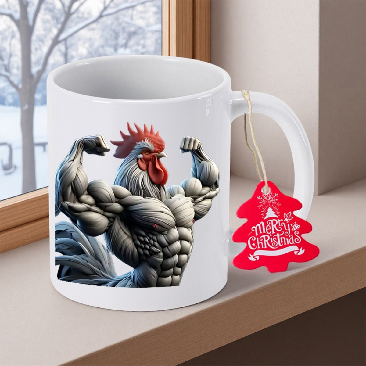 Tailorly White Ceramic 11 oz Mug - Powerful Gym Motivation Bodybuilder With Impressive Red Comb Features Rooster