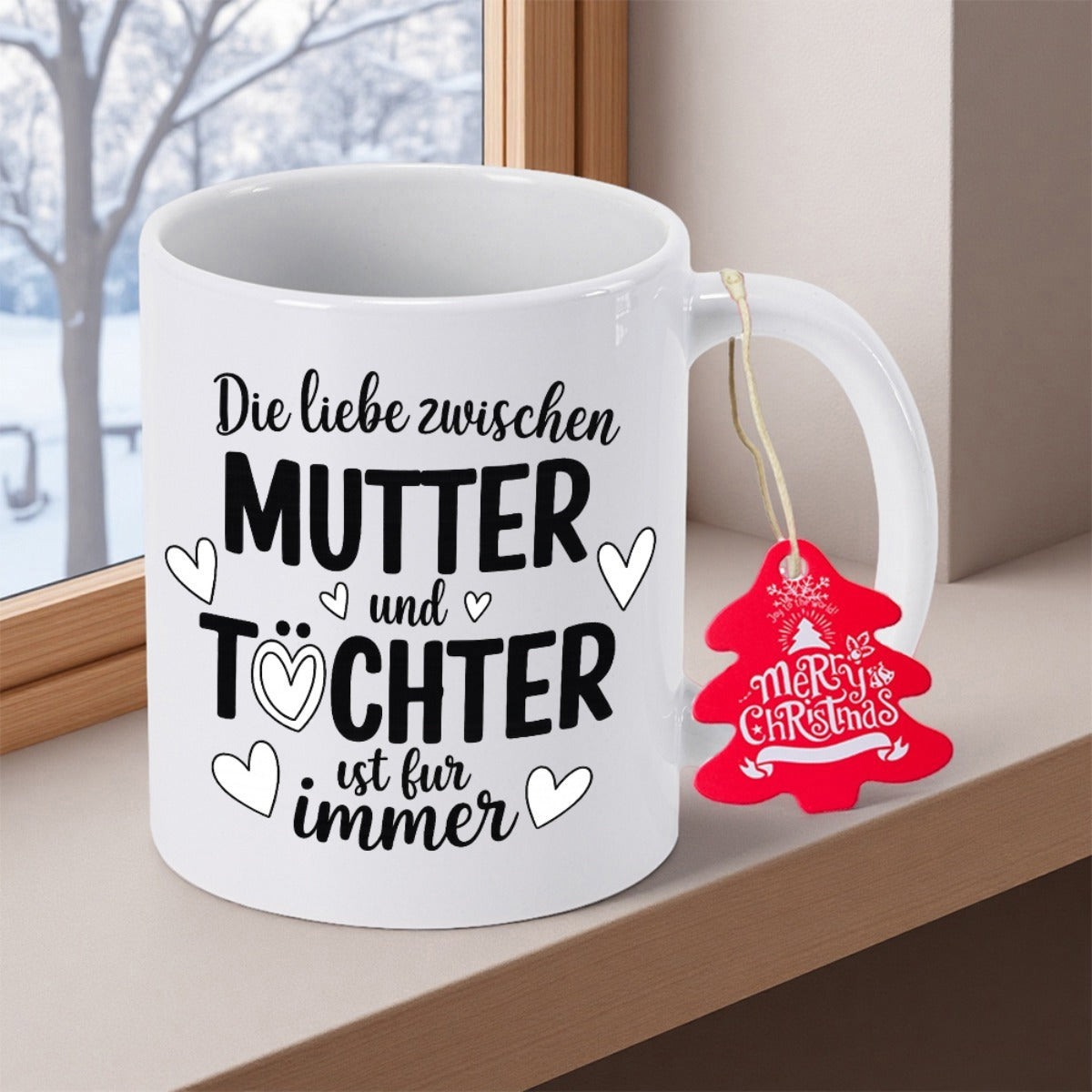 Tailorly White Ceramic 11 oz Mug - Merry Christmas Minimalist Outline Decorations Surrounded By Many Floating Small Symbols Heart