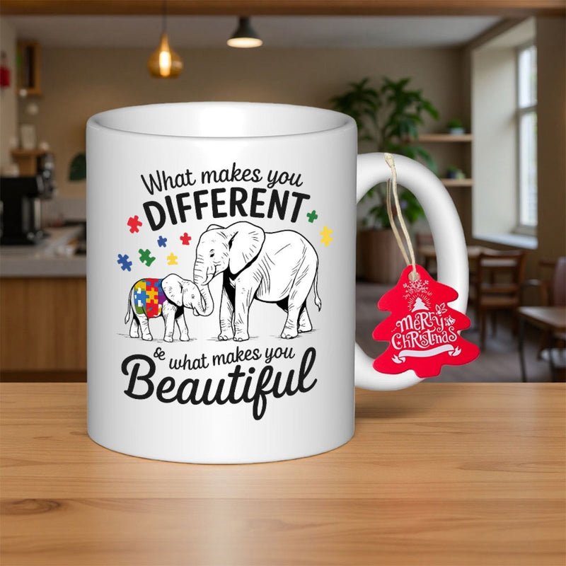 Tailorly White Ceramic 11 oz Mug - What Makes You Different Is What Makes You Beautiful Adorable Adult And Baby Animal With Colorful Puzzle Pieces Patterned
