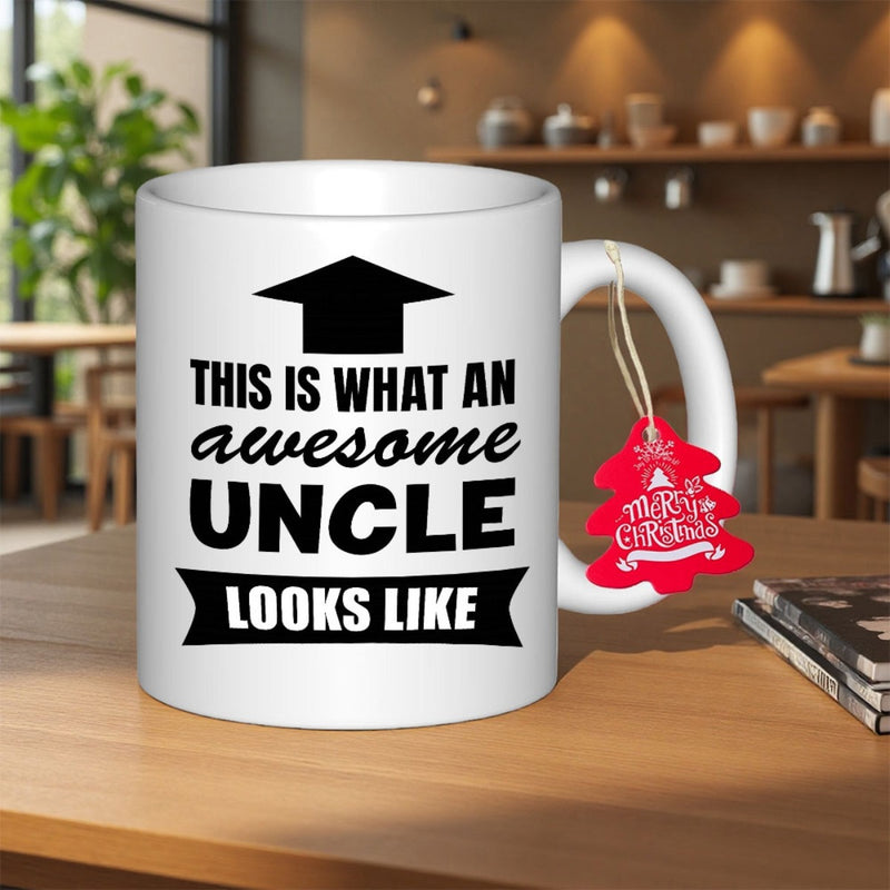 Tailorly White Ceramic 11 oz Mug - This Is What An Awesome Uncle Looks Like Bold Minimalist Black Typography Featuring A Pointing Arrow And Decorative Banner Arrow
