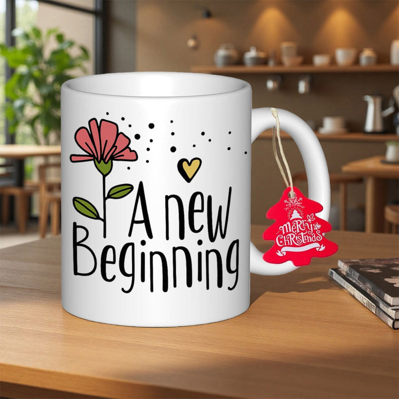 Tailorly White Ceramic 11 oz Mug - A New Beginning Stylized Pink Hand Drawn Flower With Yellow Heart And Artistic Dots Flower