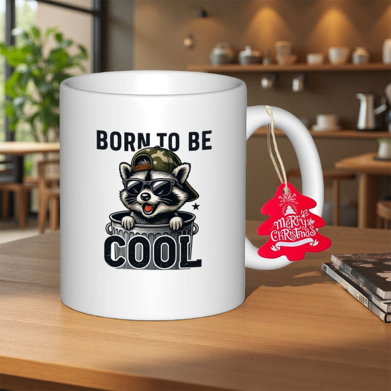 Tailorly White Ceramic 11 oz Mug - Born To Be Cool Mischievous Raccoon In Camouflage Hat Wearing Sunglasses Inside A Metal Bucket Raccoon