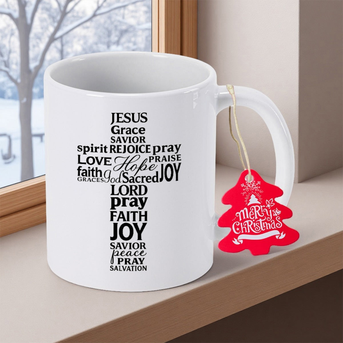 Tailorly White Ceramic 11 oz Mug - Jesus Grace Savior Spirit Rejoice Pray Love Hope Praise Faith God Sacred Joy Lord Peace Salvation Merry Christmas Elegant Black