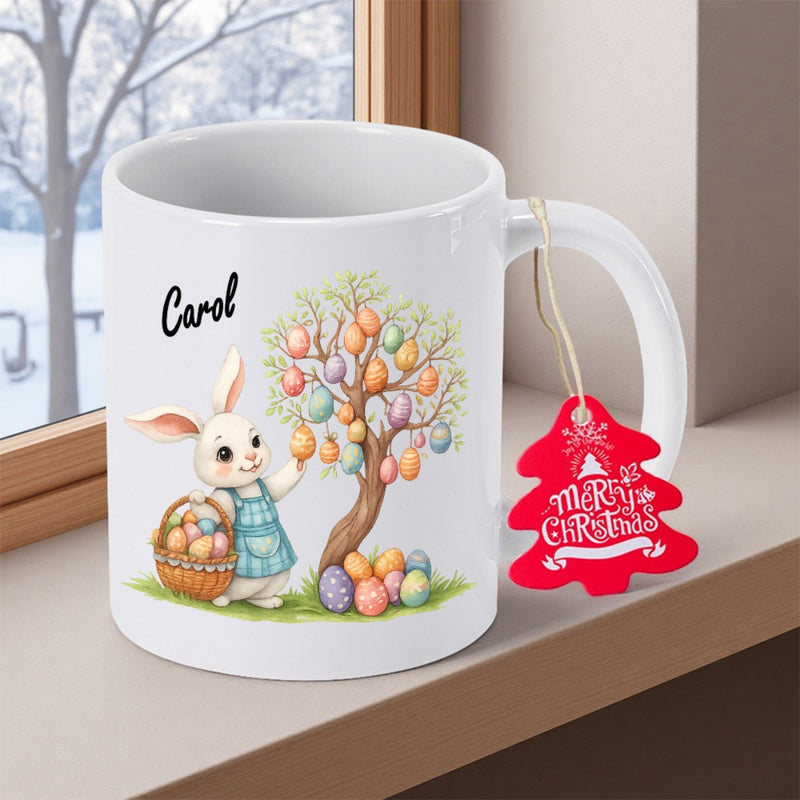 Tailorly White Ceramic 11 oz Mug - Carol Adorable Small Rabbit Gathering Painted Eggs Near A Decorative Tree Bunny