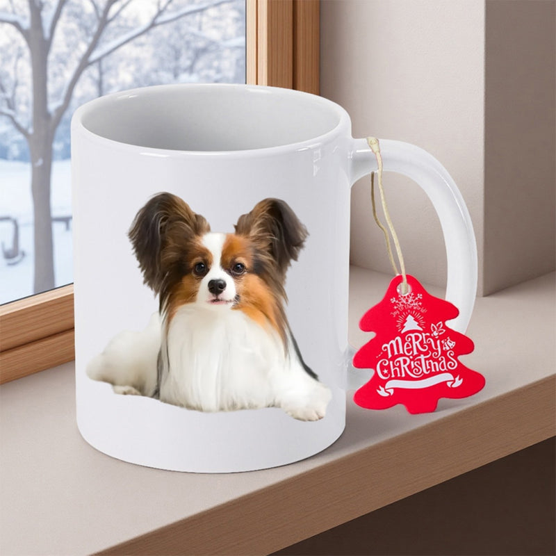 Tailorly White Ceramic 11 oz Mug - Merry Christmas Cute Long Haired Dog Resting In Front Of Window Papillon