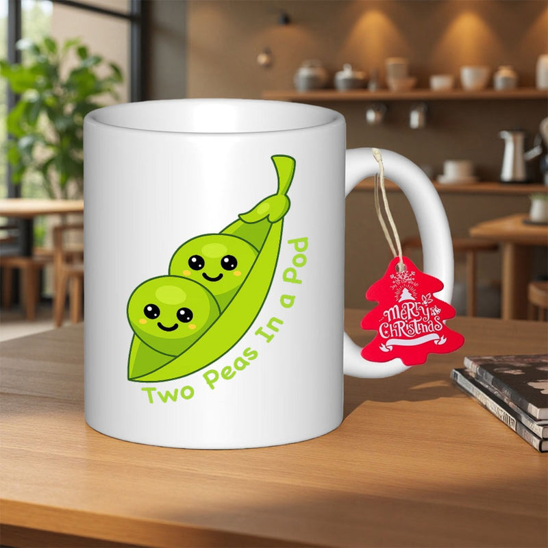 Tailorly White Ceramic 11 oz Mug - Two Peas In A Pod Cute Cartoon Green Peas With Smiling Faces Inside Vibrant Organic Shell Pea Pod