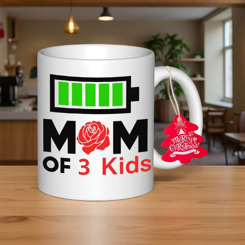 Tailorly White Ceramic 11 oz Mug - Mom Of 3 Kids Fully Charged Green Battery Symbol And A Single Red Rose Battery