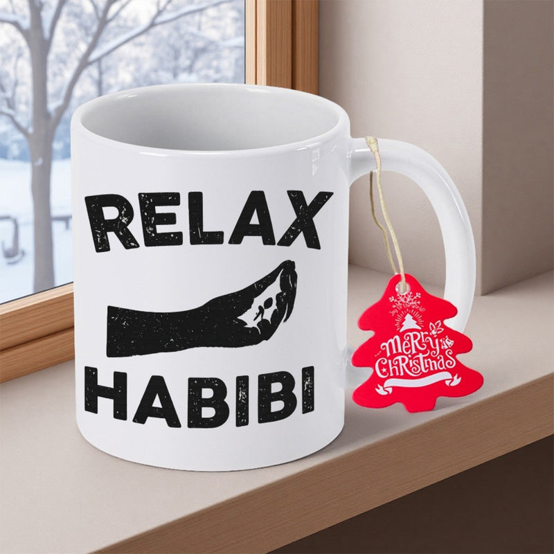 Tailorly White Ceramic 11 oz Mug - Relax Habibi Minimalist Black Silhouette Expressive Hand Gesture Resting Between Bold Lettering Mug