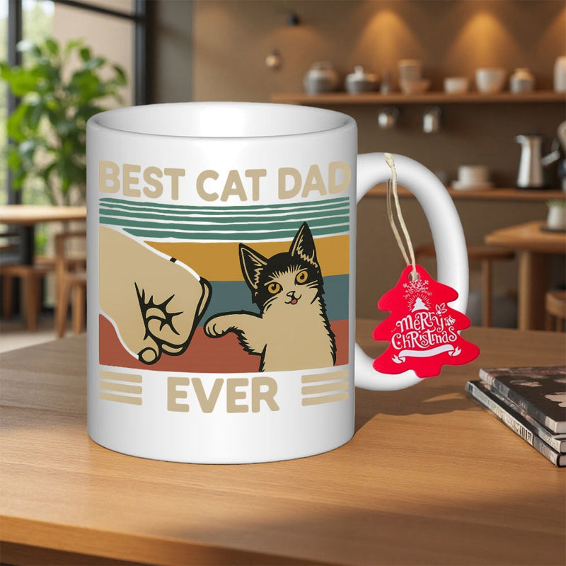 Tailorly White Ceramic 11 oz Mug - Best Cat Dad Ever Retro Sunset Background With Human Fist Bumping A Small Kitten Cat