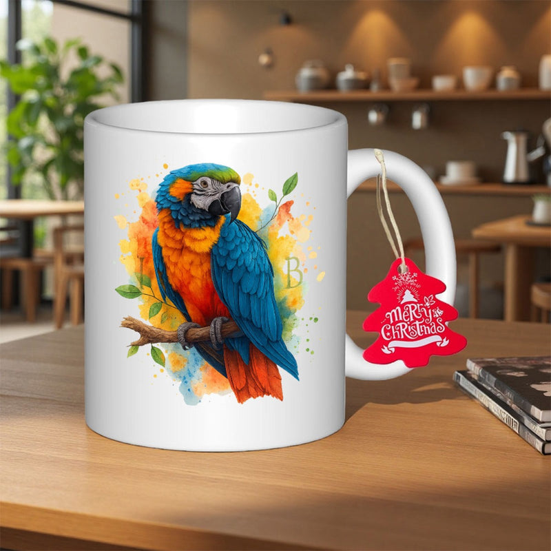 Tailorly White Ceramic 11 oz Mug - Merry Christmas Colorful Watercolor Tropical Bird Perching On Tree Branch With Artistic Splashes Macaw