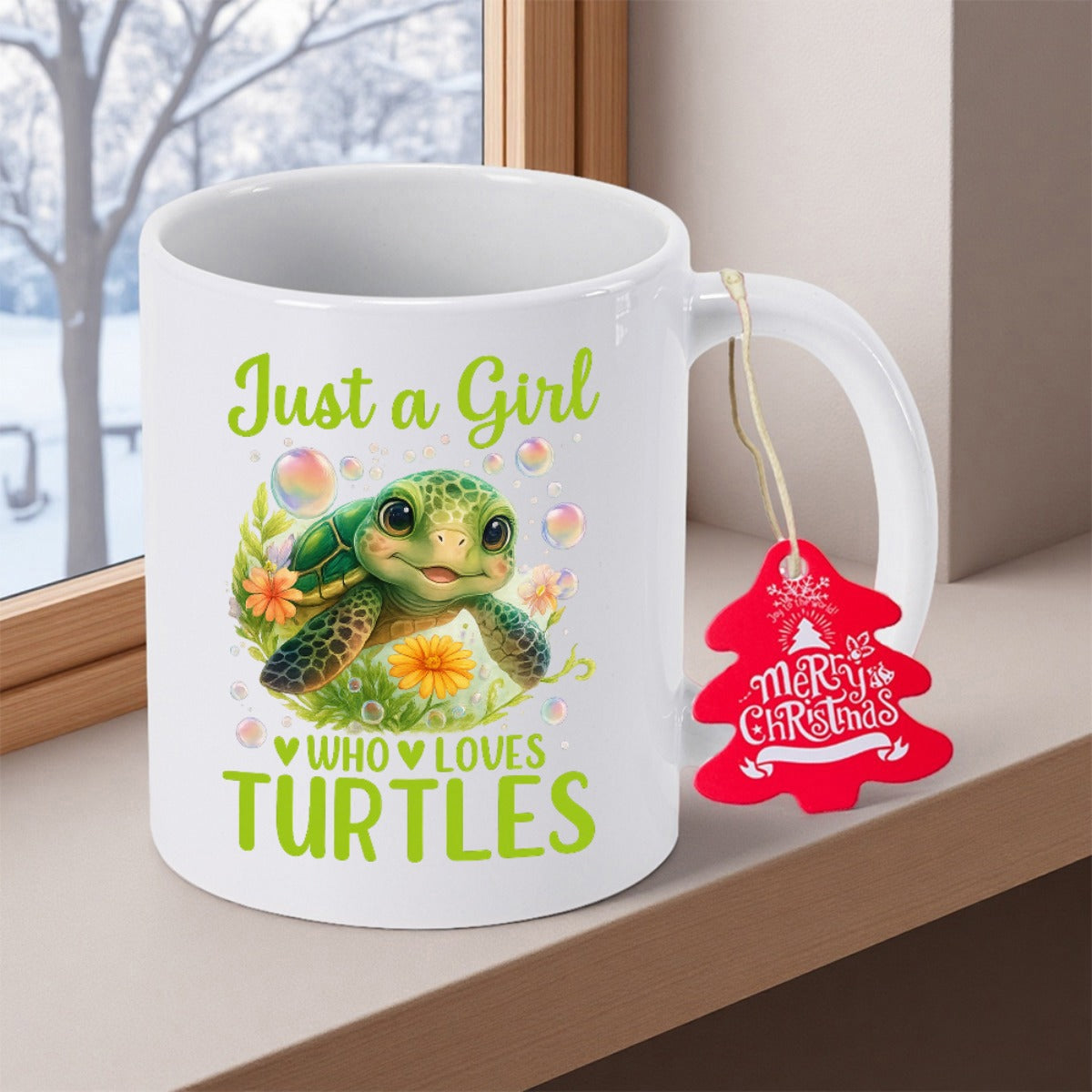 Tailorly White Ceramic 11 oz Mug - Just A Girl Who Loves Turtles Cute Green Sea Turtle Surrounded By Yellow Flowers And Bubbles Turtle