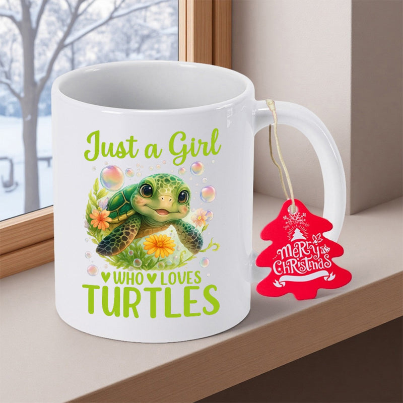 Tailorly White Ceramic 11 oz Mug - Just A Girl Who Loves Turtles Cute Green Sea Turtle Surrounded By Yellow Flowers And Bubbles Turtle