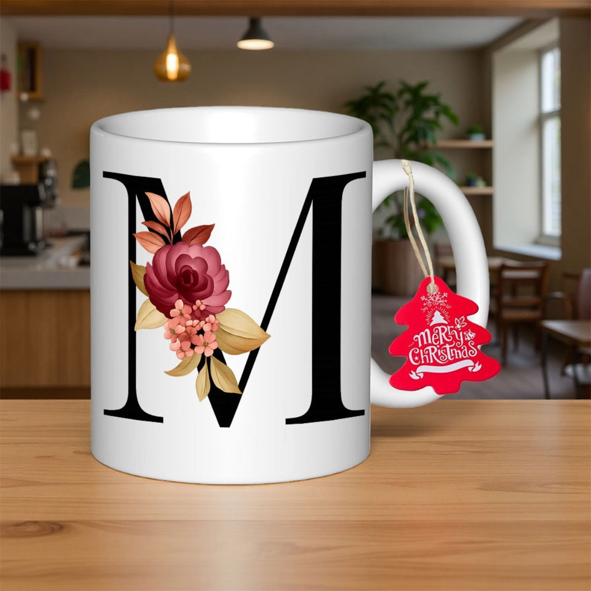Tailorly White Ceramic 11 oz Mug - M Elegant Blooming Roses And Autumn Leaves On Bold Black Alphabet
