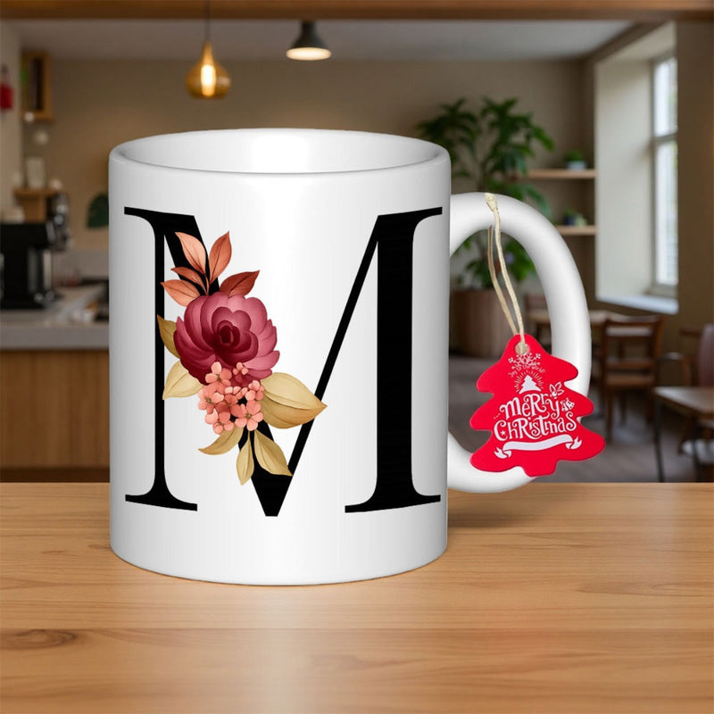 Tailorly White Ceramic 11 oz Mug - M Elegant Blooming Roses And Autumn Leaves On Bold Black Alphabet