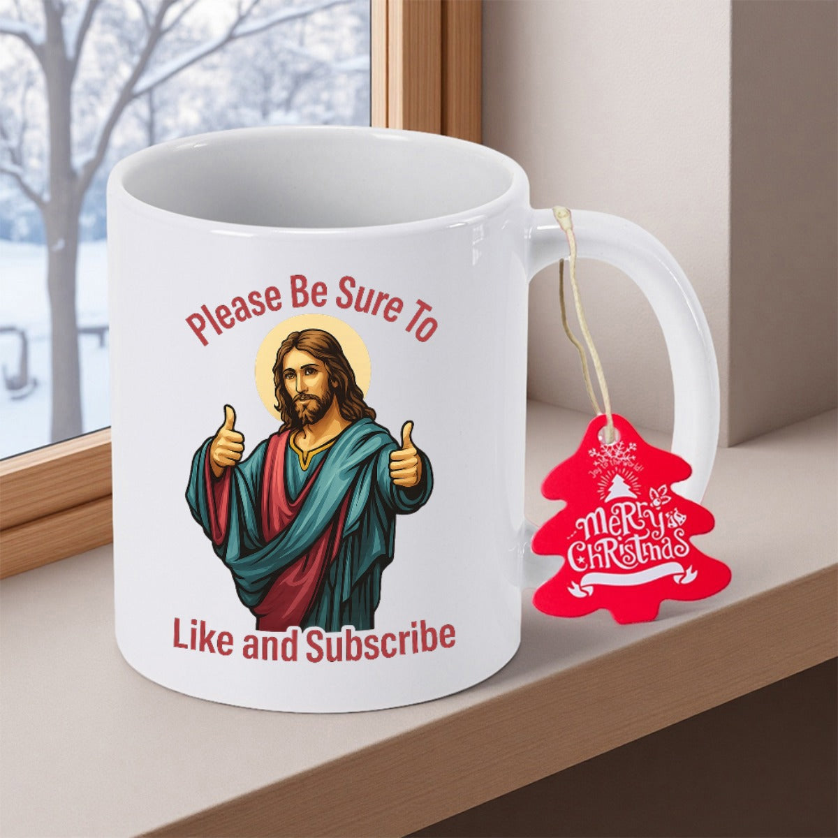 Tailorly White Ceramic 11 oz Mug - Please Be Sure To Like And Subscribe Sacred Figure Giving A Double Thumbs Up With Glowing Halo Jesus