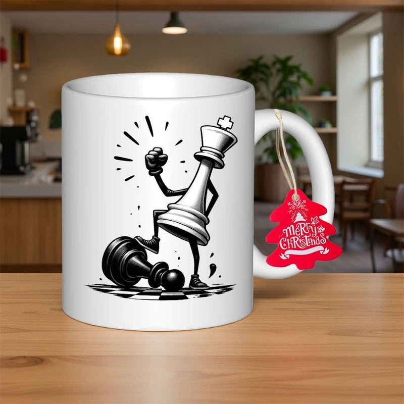 Tailorly White Ceramic 11 oz Mug - Merry Christmas Hand Drawn Cartoon Character Celebrating Victory Standing Over Fallen Pawn King