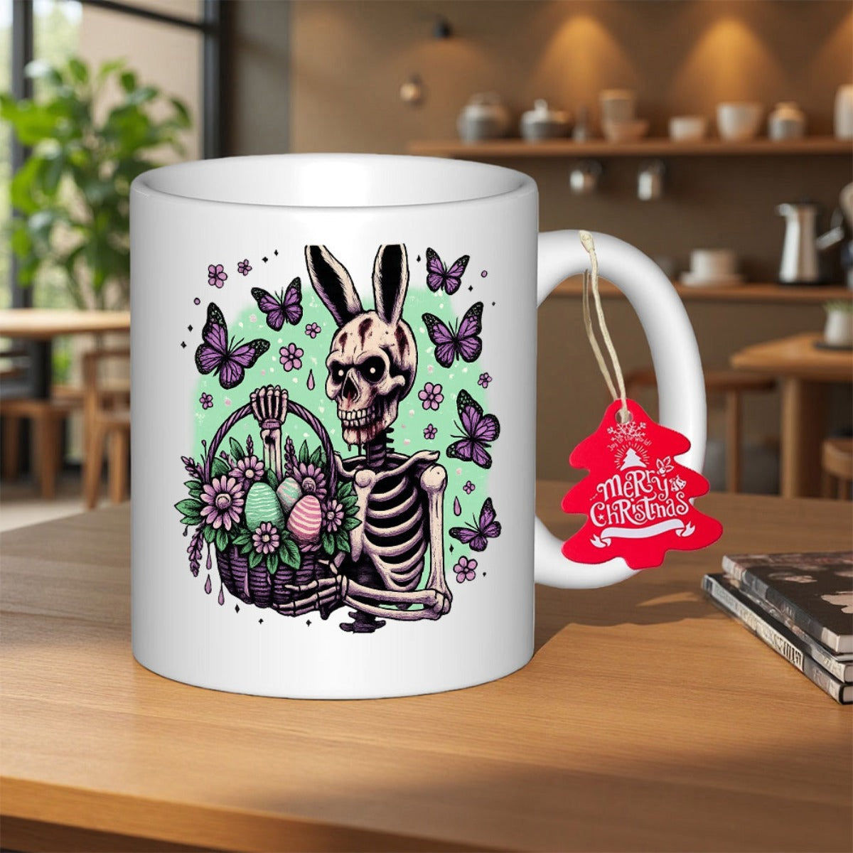 Tailorly White Ceramic 11 oz Mug - Spooky Gothic Skeleton Wearing Bunny Ears Holding Vibrant Floral Easter Basket Skeleton