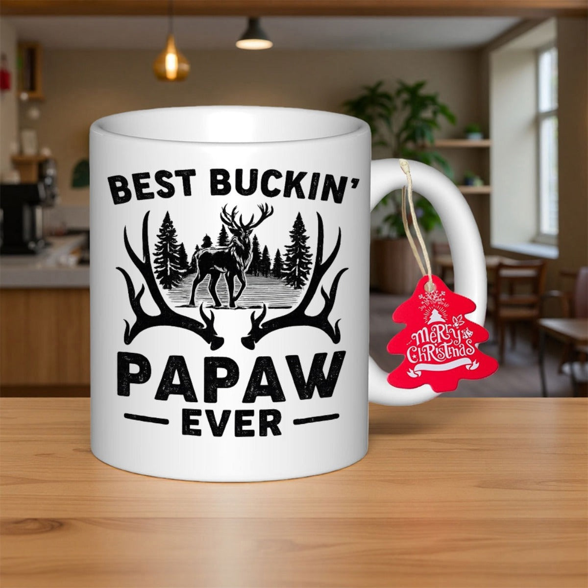 Tailorly White Ceramic 11 oz Mug - Best Buckin Papaw Ever Majestic Wild Deer Standing Among Tall Pine Trees Within Large Antlers Buck