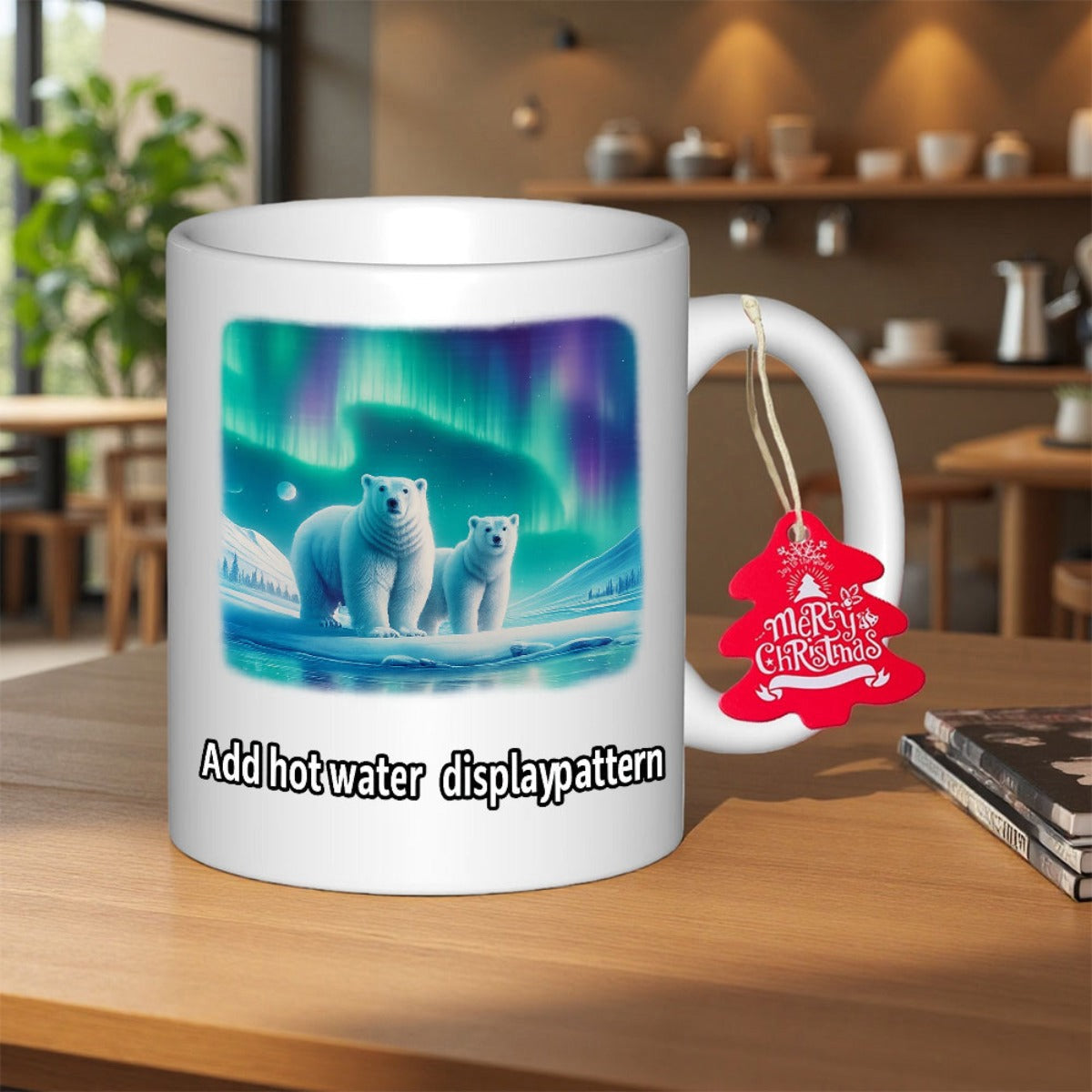 Tailorly White Ceramic 11 oz Mug - Add Hotwater Displaypattern Merry Christmas Shimmering Northern Lights Over Snowy Ice With Two Polar Bear