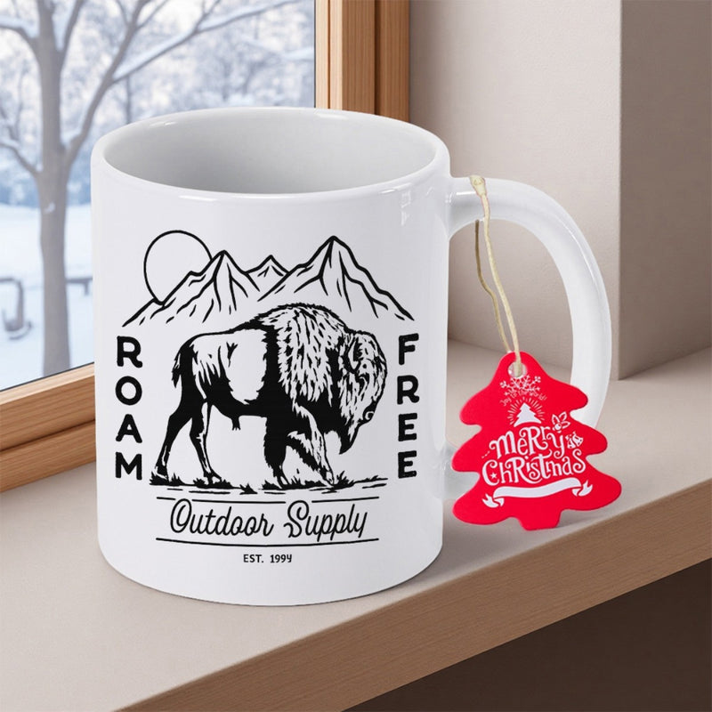 Tailorly White Ceramic 11 oz Mug - Roam Free Outdoor Supply EST 1991 Majestic Wilderness Landscape Under Mountain Peaks With A Wandering Bison