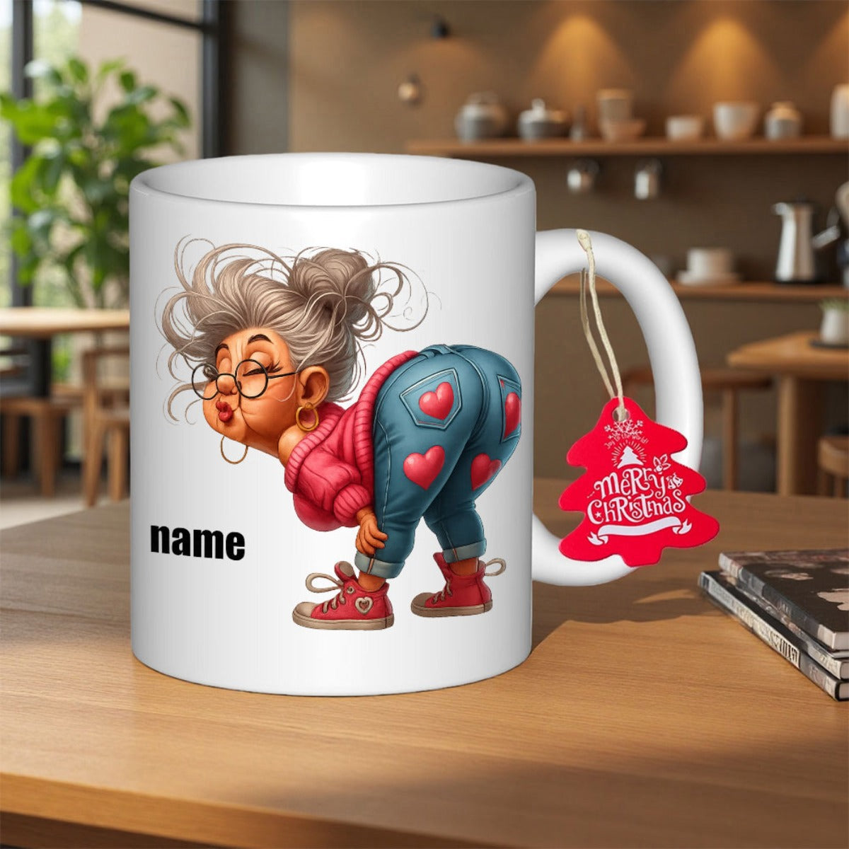 Tailorly White Ceramic 11 oz Mug - Name Merry Christmas Funky Elderly Lady Wearing Heart Pattern Jeans And Red Sneakers Bending Over Character