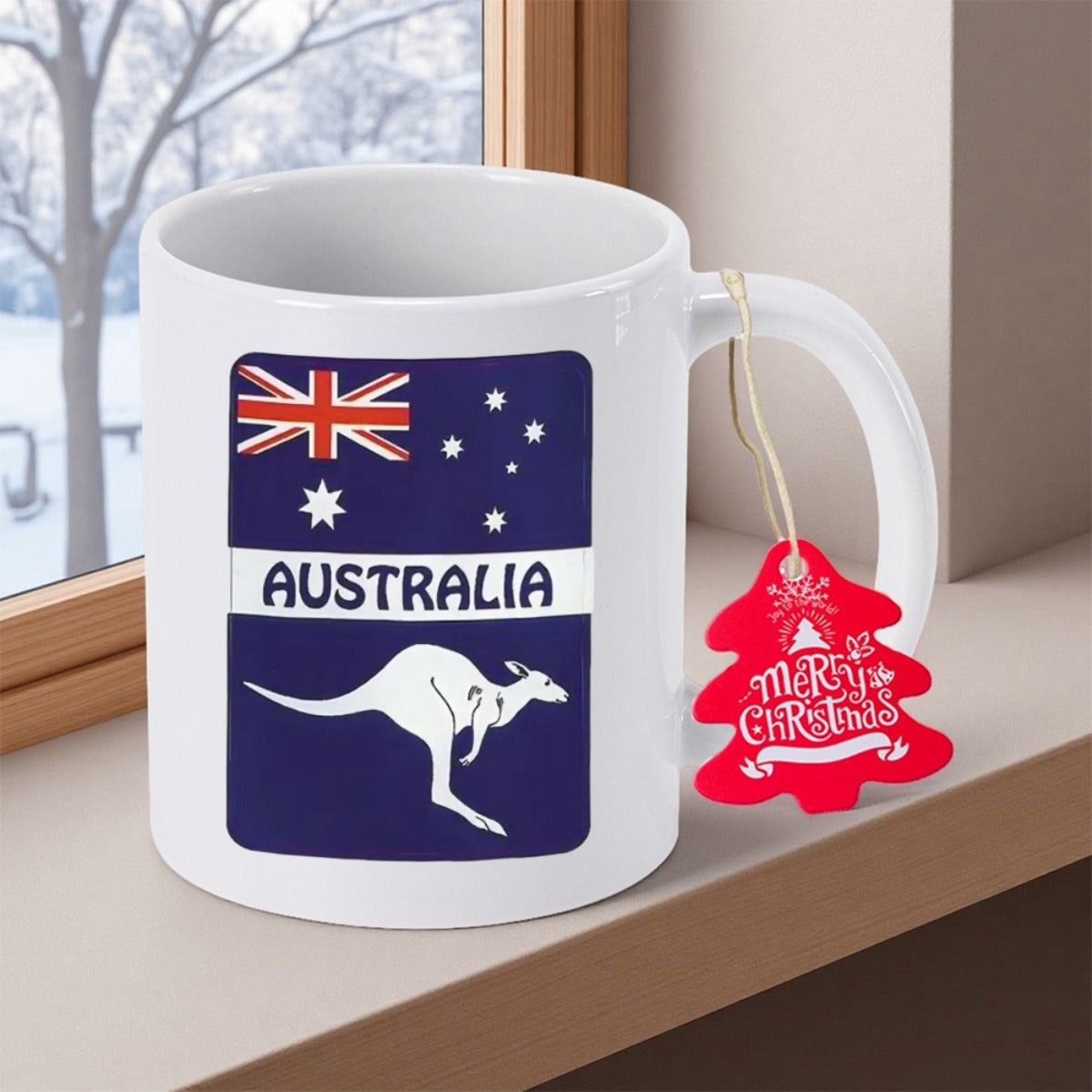 Tailorly White Ceramic 11 oz Mug - Australia Featuring Australian Flag Elements And National Symbols Surrounding A Jumping Kangaroo