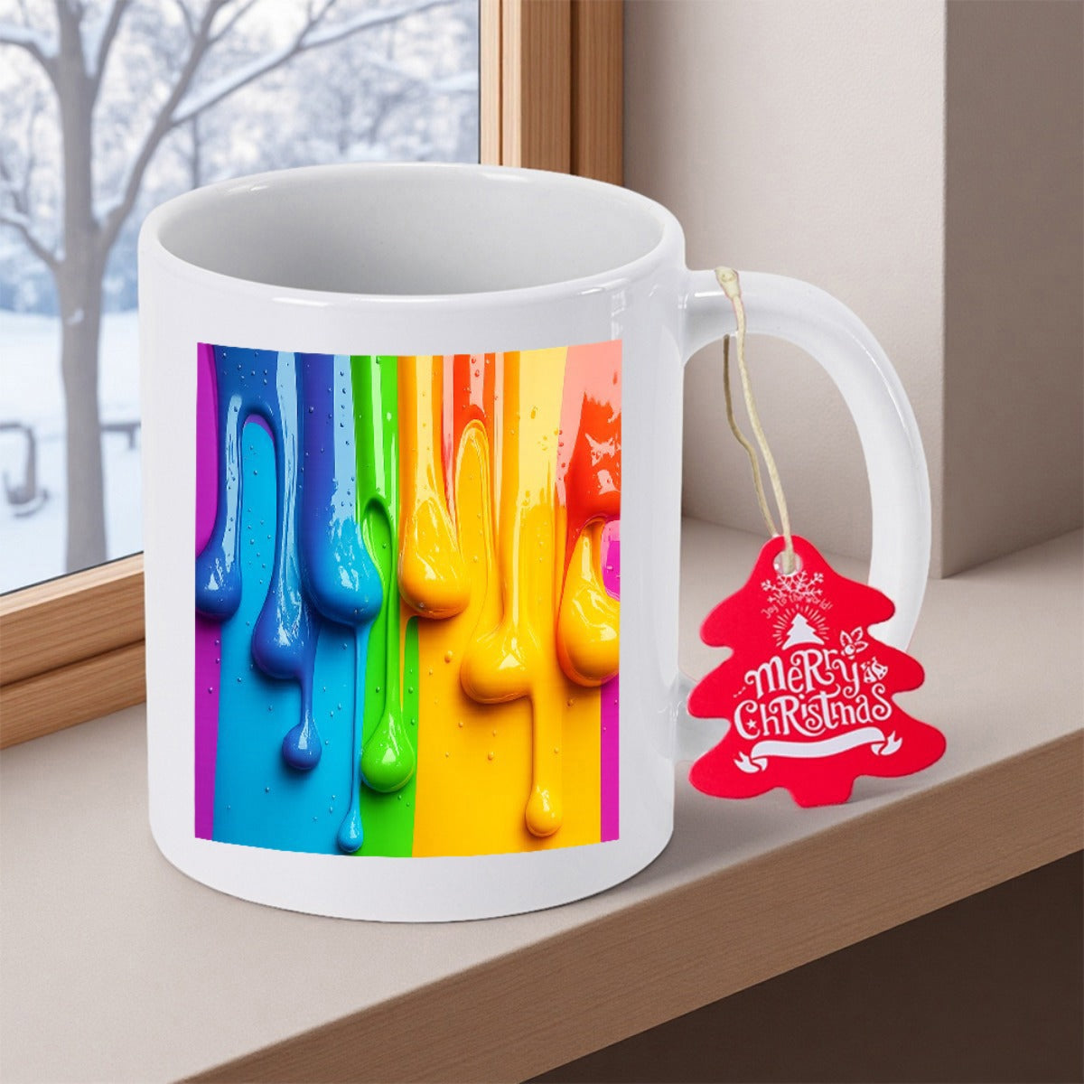 Tailorly White Ceramic 11 oz Mug - Merry Christmas Vibrant Colorful Liquid Melting Downward With Glossy Texture Rainbow Paint