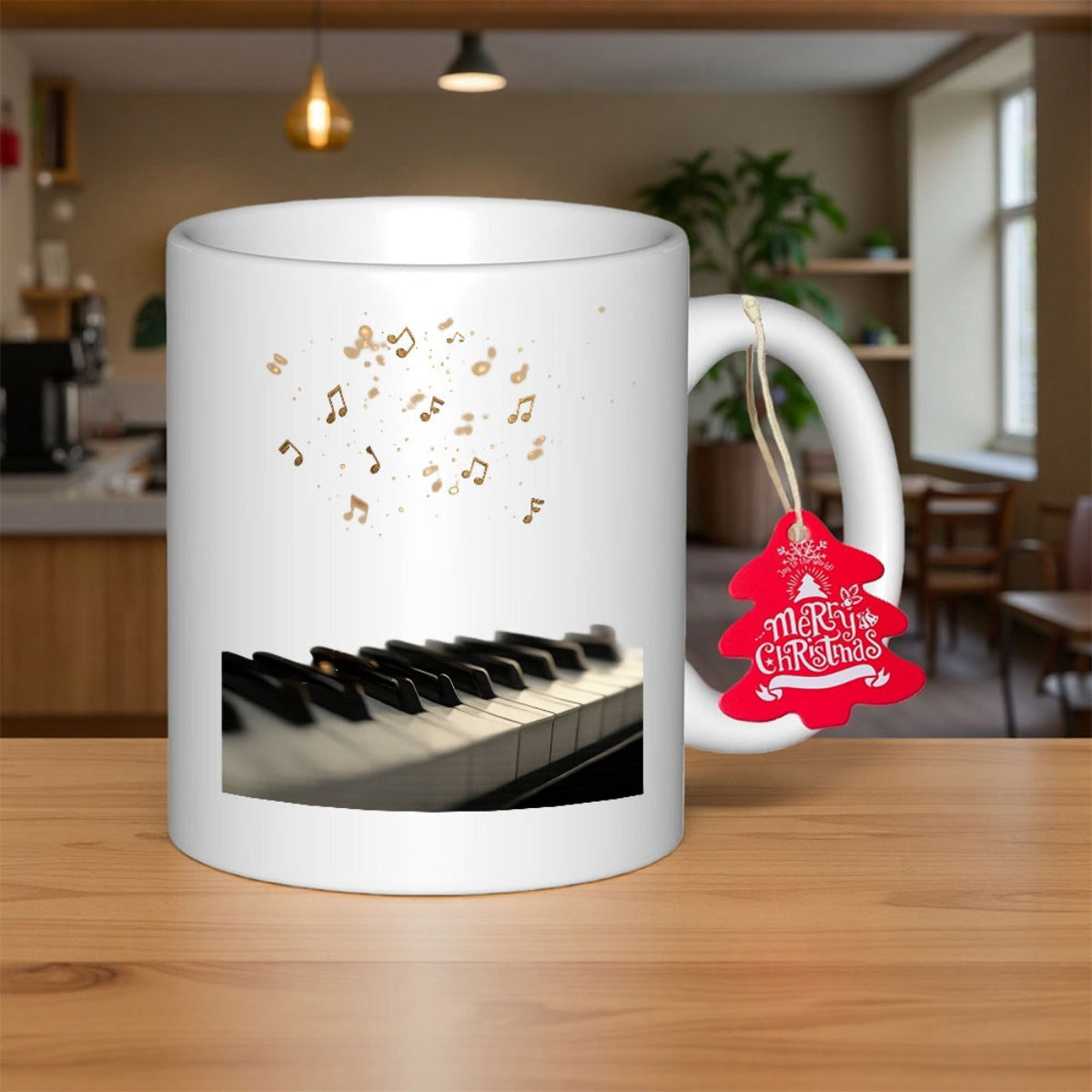 Tailorly White Ceramic 11 oz Mug - Elegant Monochrome Piano Keys With Floating Musical Notes Dancing In Air Piano