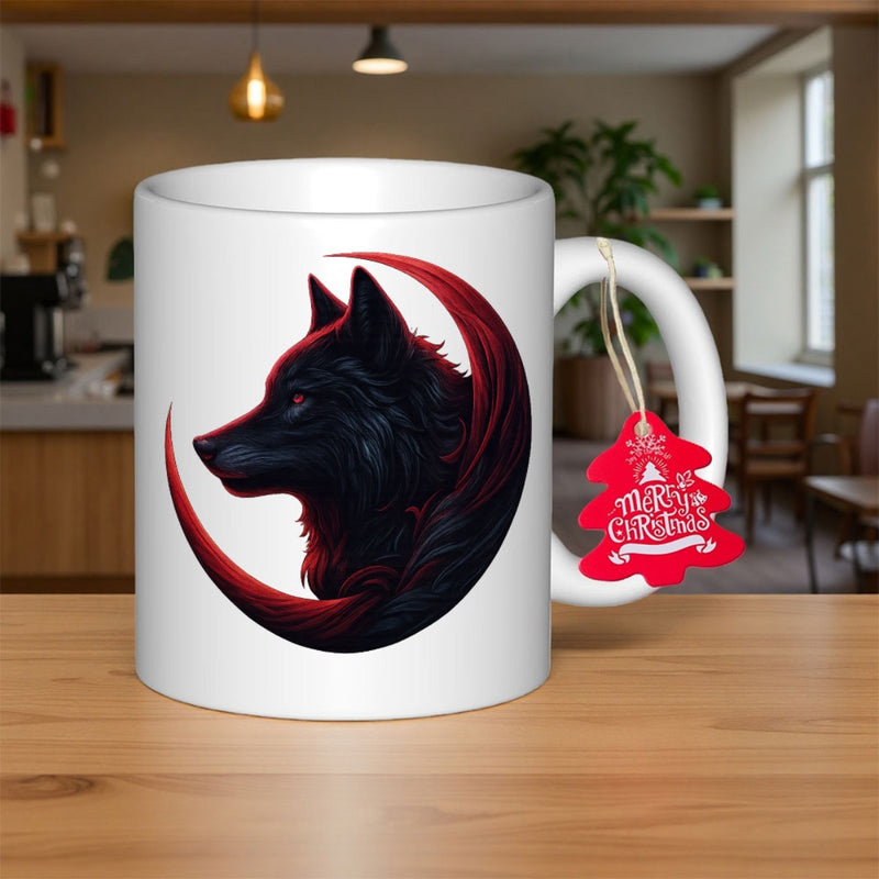 Tailorly White Ceramic 11 oz Mug - Merry Christmas Majestic Black Wolf Profile Within Crimson Crescent Moon Wolf