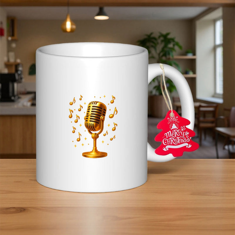 Tailorly White Ceramic 11 oz Mug - Merry Christmas Shining Golden Vintage Retro Style Microphone With Dancing Musical Notes Microphone