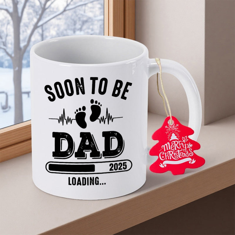 Tailorly White Ceramic 11 oz Mug - Soon To Be Dad 2025 Loading Minimalist Ceramic Surface Featuring Baby Footprints And Heartbeat Line Mug