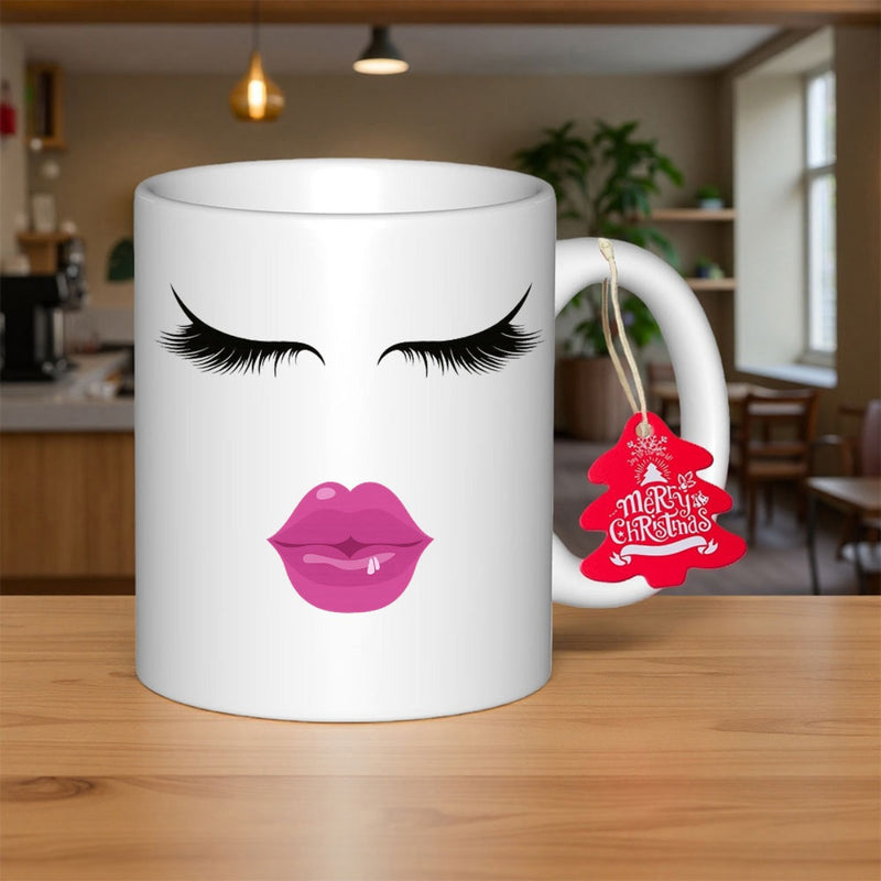 Tailorly White Ceramic 11 oz Mug - Long Black Eyelashes With Glossy Pink Lips On A Minimalist White Face