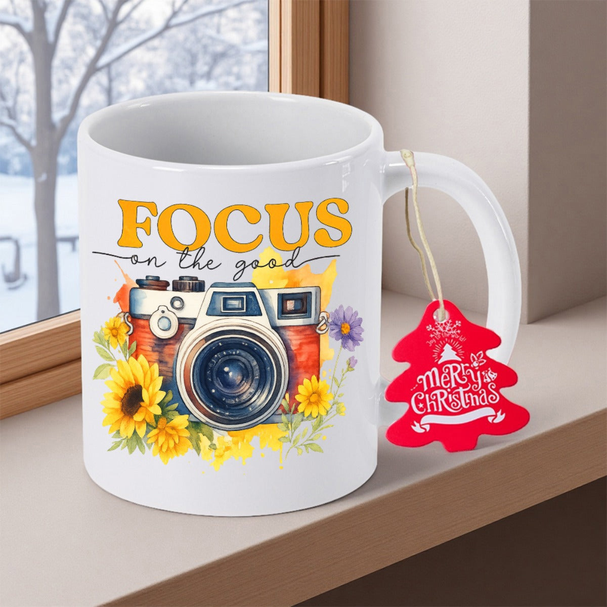 Tailorly White Ceramic 11 oz Mug - Focus On The Good Vintage Classic Device Surrounded By Vibrant Yellow Sunflowers Camera